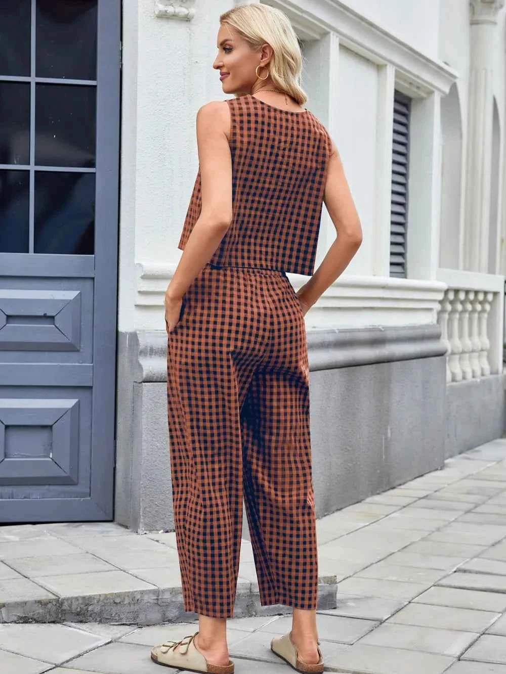 Plaid Sleeveless Top and Pants Set