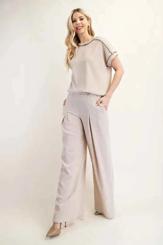 Celeste Textured Wide-Leg Pants with Pockets