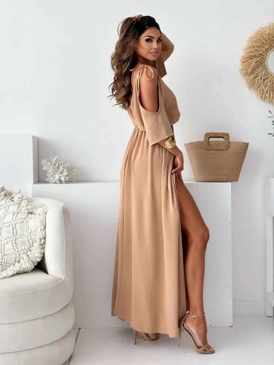 Tied Shoulder Slit Maxi Dress