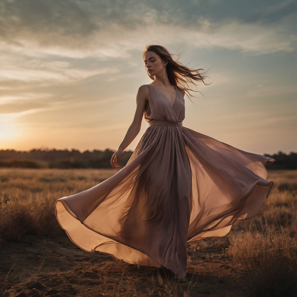 A woman in a flowing, sleeveless dress twirls gracefully in a field at sunset, her hair and dress moving with the wind under a partly cloudy sky.