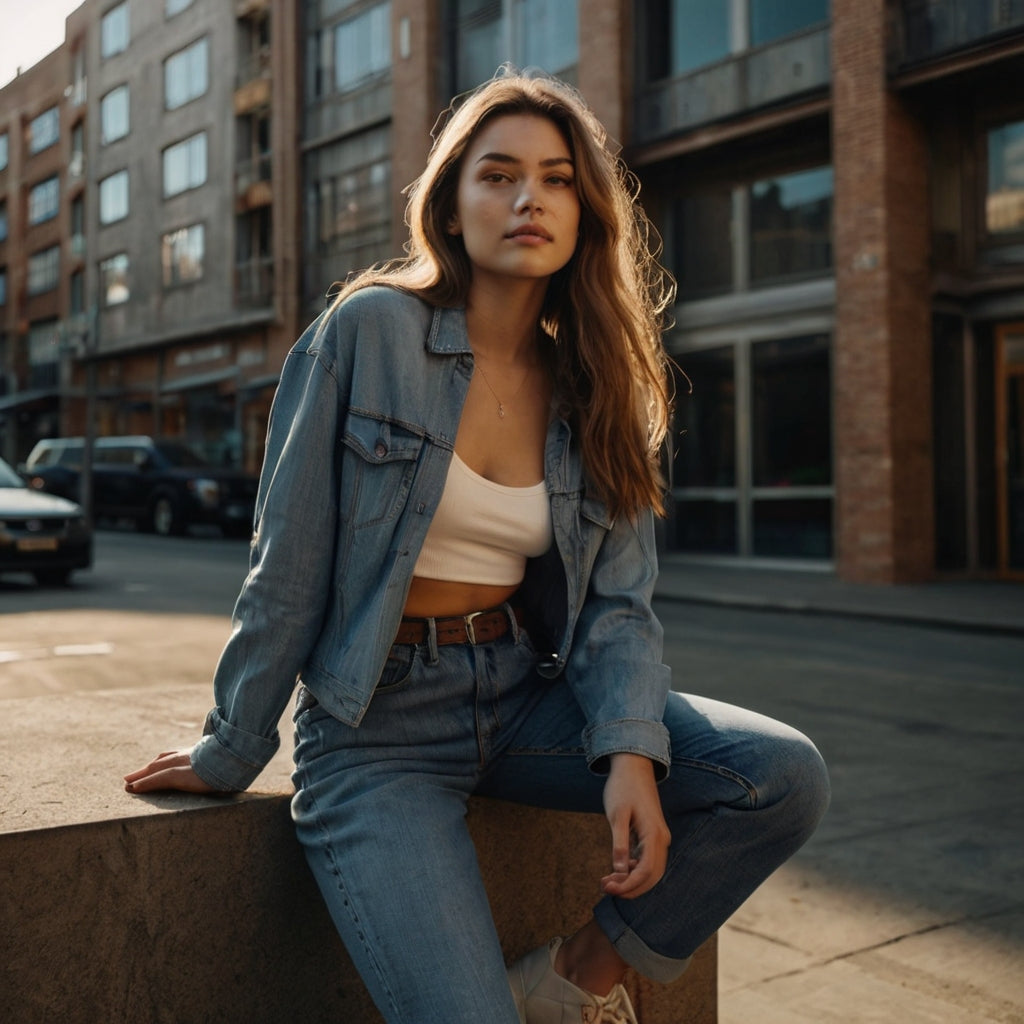A young woman in a denim jacket and jeans sits on a concrete ledge in a city street, with sunlight highlighting her hair and modern buildings in the background.