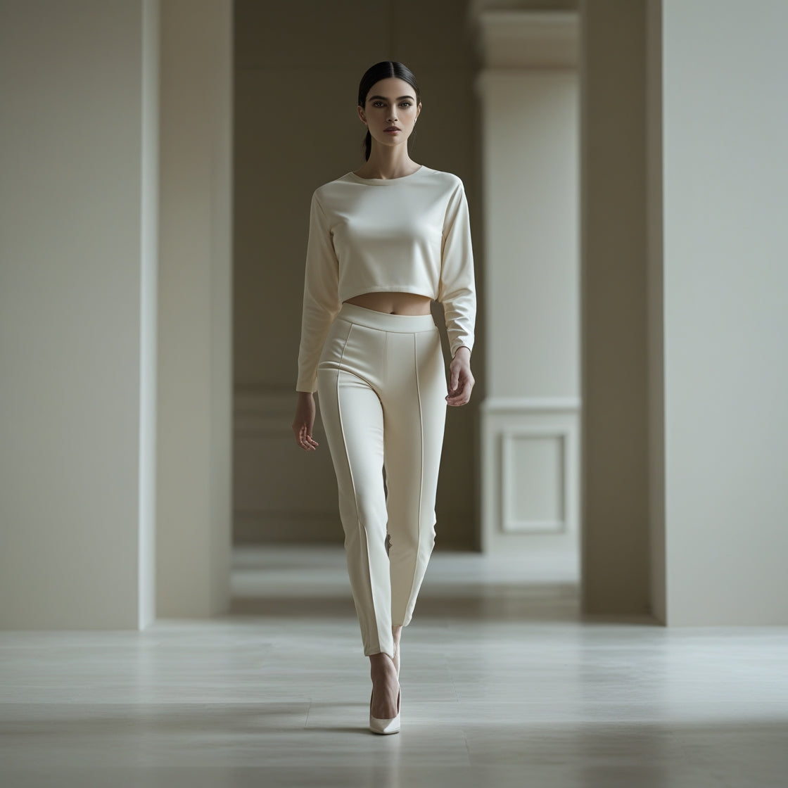 A woman wearing a cream-colored, long-sleeve crop top and matching high-waisted pants walks confidently in a minimalist, light-filled hallway.