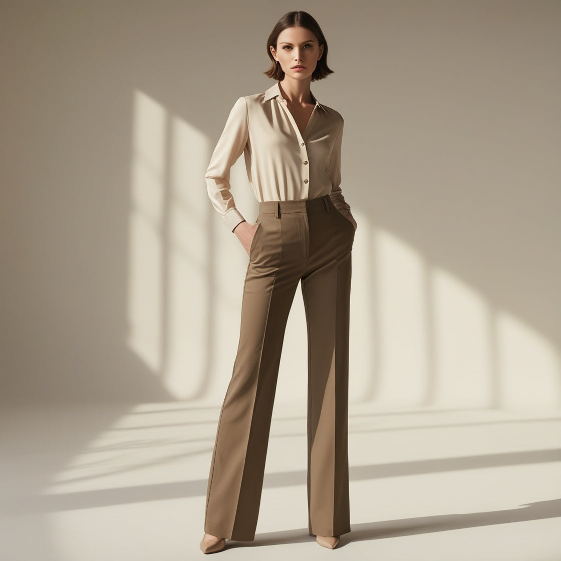 A woman stands confidently in a minimalist room, wearing a beige button-up blouse tucked into high-waisted brown trousers and beige heels, with sunlight casting shadows on the wall behind her.