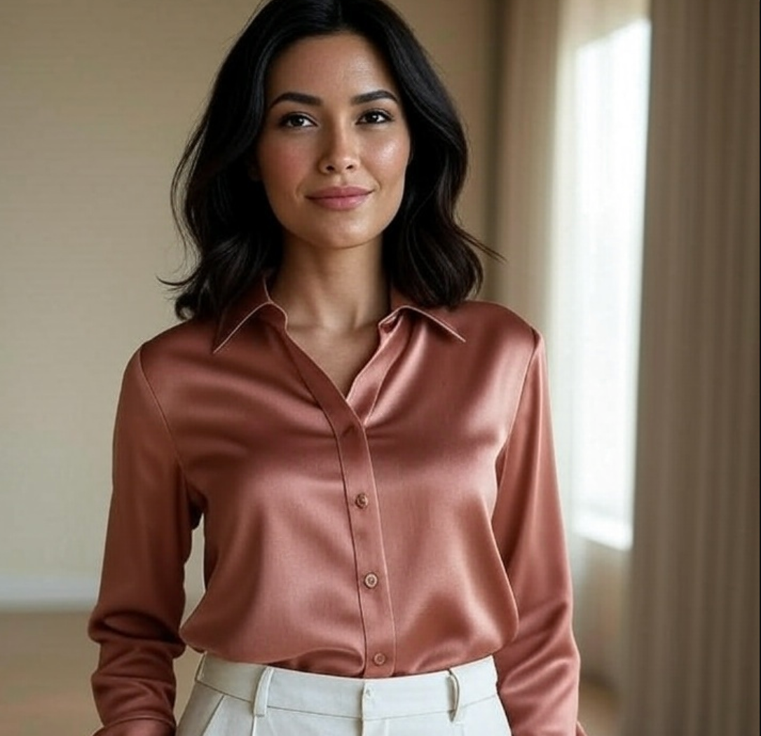 A woman with wavy dark hair wears a silky, rose-colored blouse and high-waisted cream pants, standing in a softly lit room with beige walls and curtains.