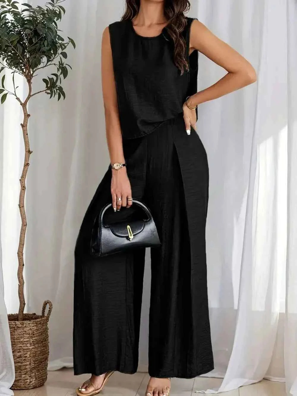 Round Neck Sleeveless Top and Wide Leg Pants Set