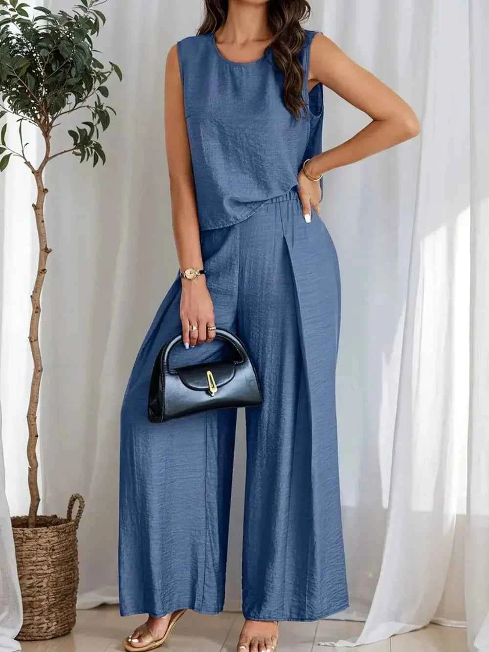 Round Neck Sleeveless Top and Wide Leg Pants Set