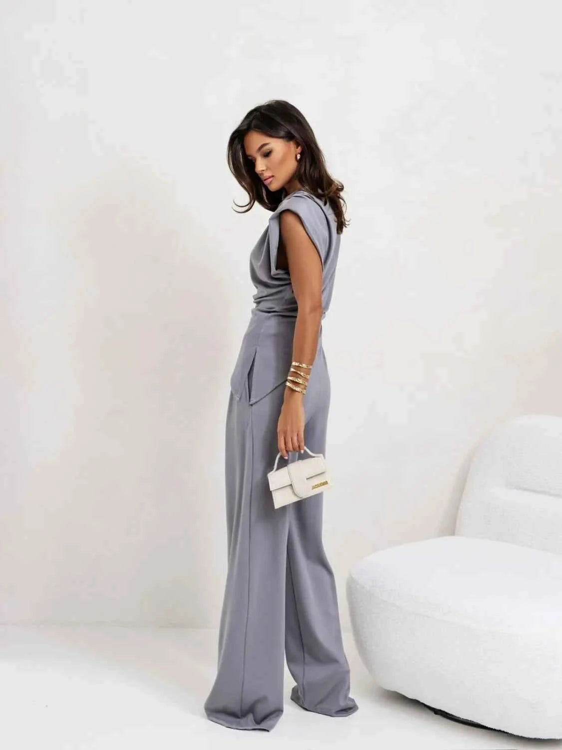 Slit Ruched Top and Wide Leg Pants Set