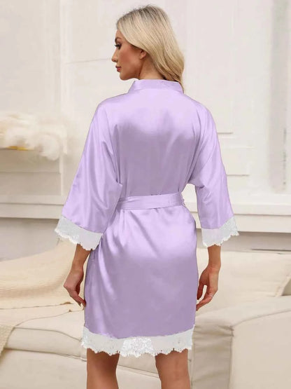Tied Lace Detail Three-Quarter Sleeve Lounge Nightgown