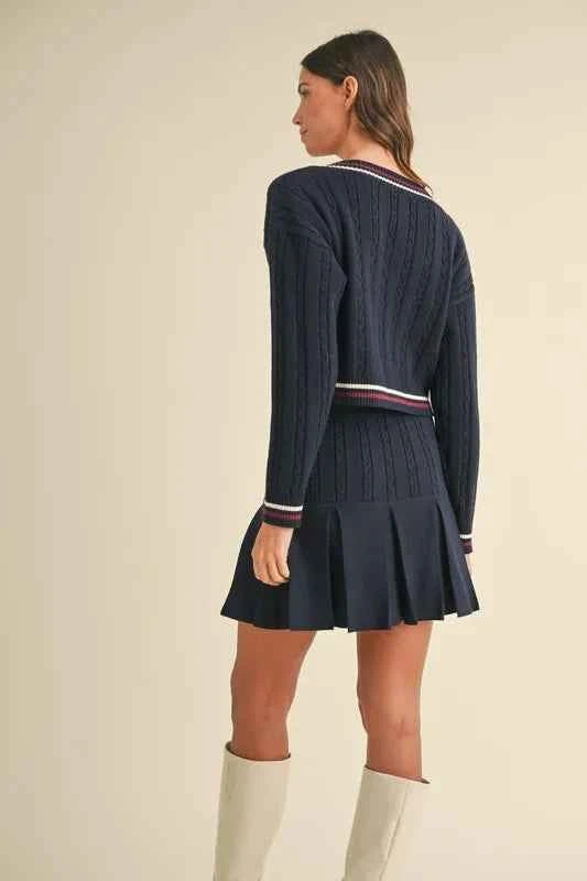 MABLE Cable-Knit Top and Pleated Skirt Sweater Set