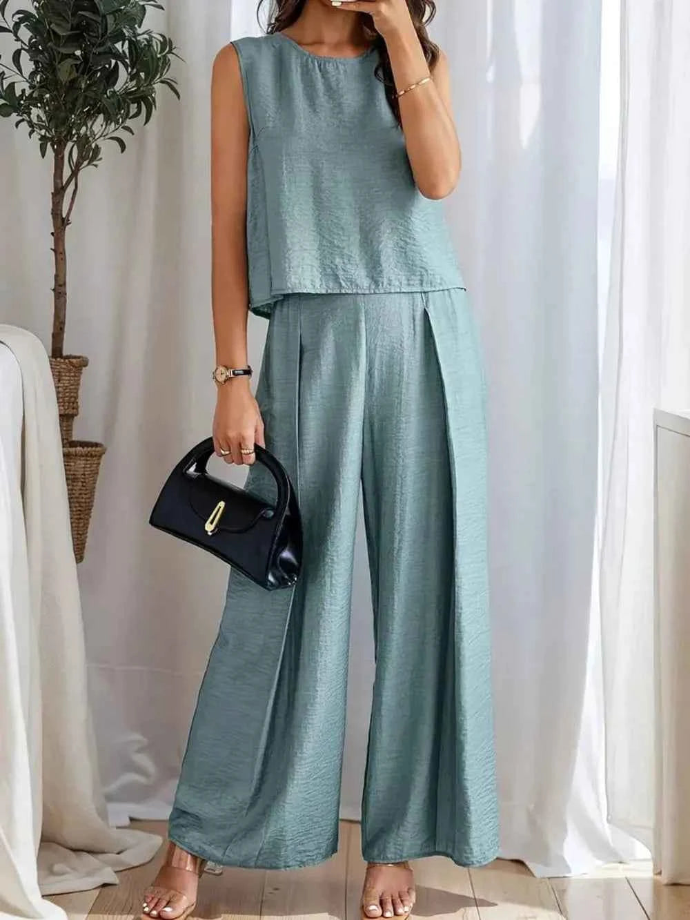 Round Neck Sleeveless Top and Wide Leg Pants Set
