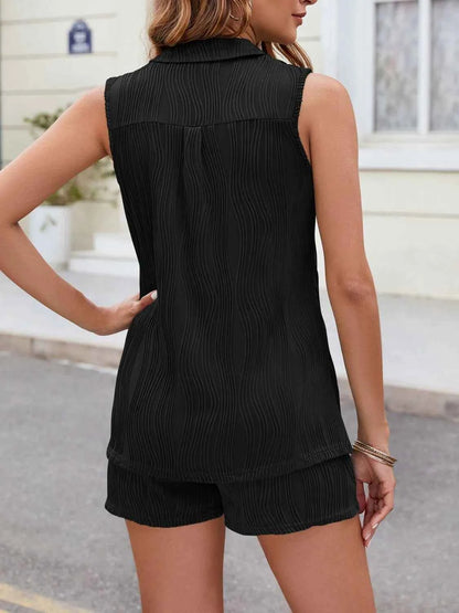 Textured Johnny Collar Top and Shorts Set