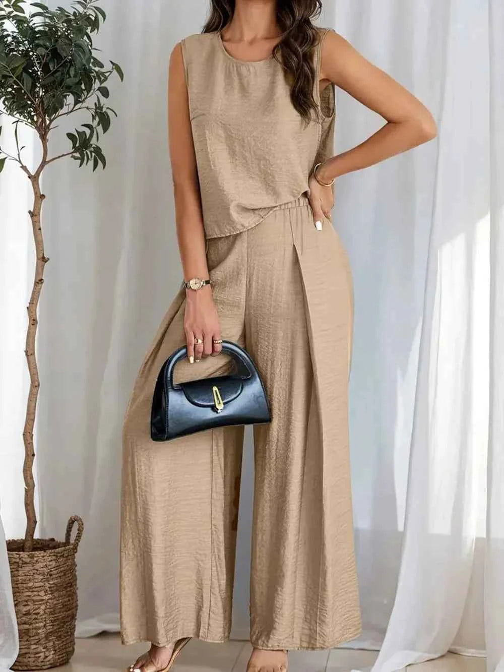 Round Neck Sleeveless Top and Wide Leg Pants Set