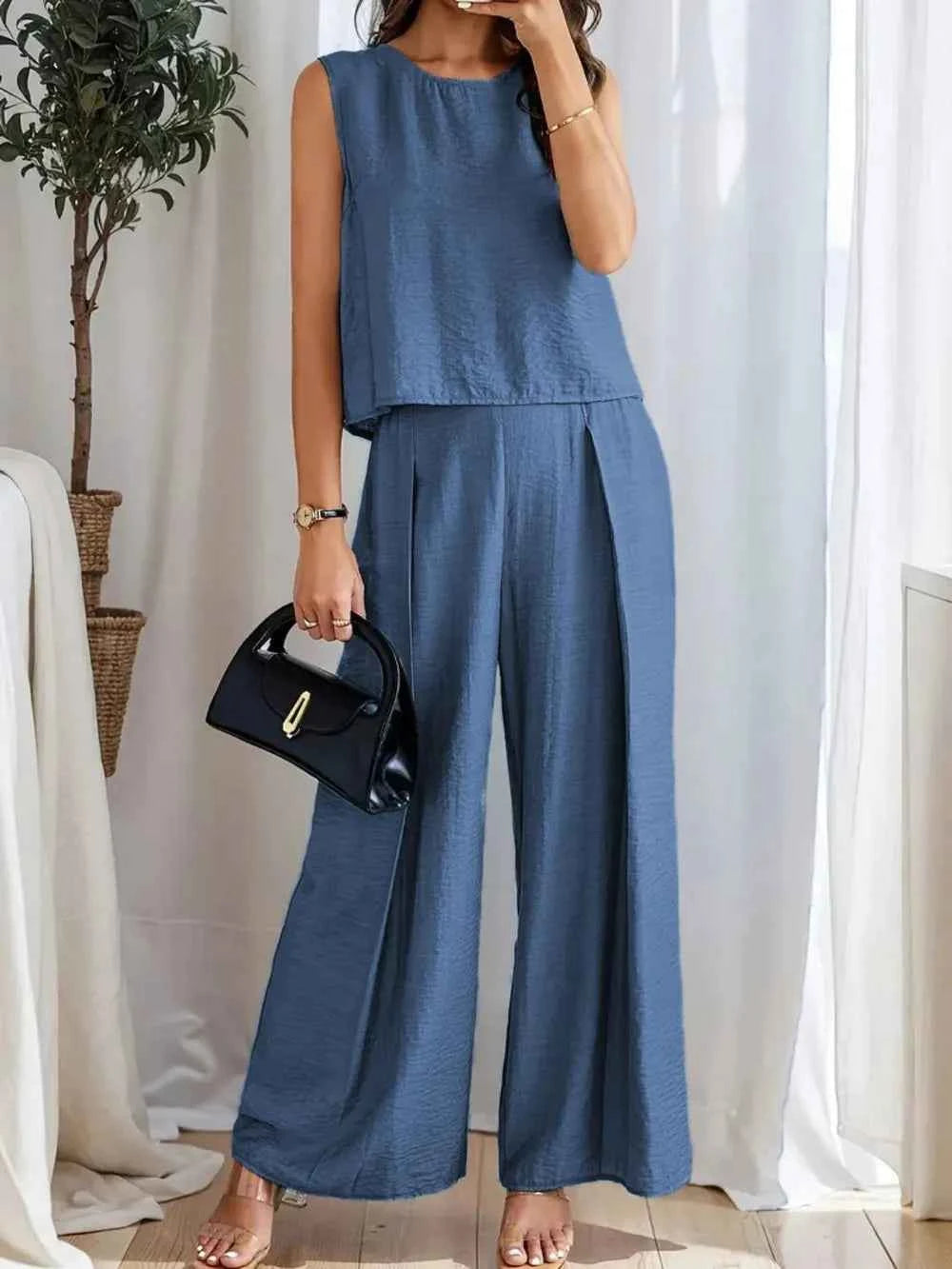 Round Neck Sleeveless Top and Wide Leg Pants Set