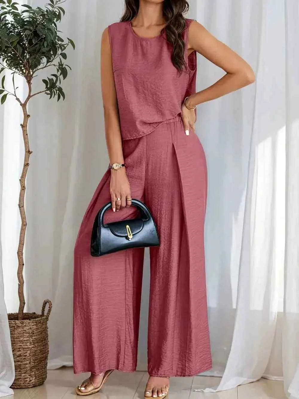 Round Neck Sleeveless Top and Wide Leg Pants Set