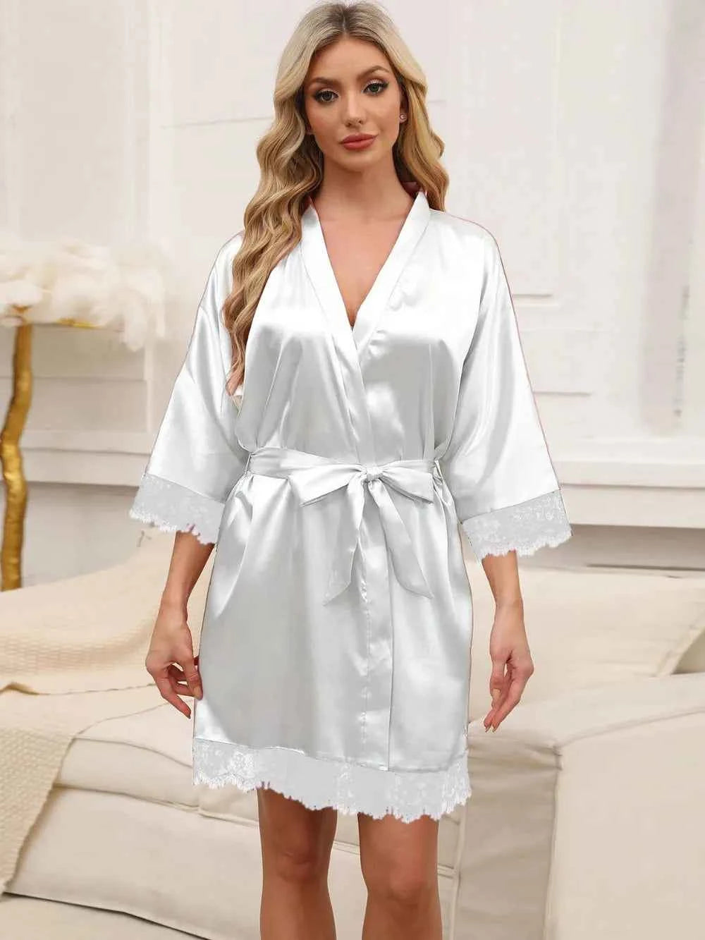 Tied Lace Detail Three-Quarter Sleeve Lounge Nightgown