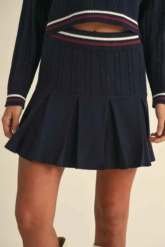 MABLE Cable-Knit Top and Pleated Skirt Sweater Set