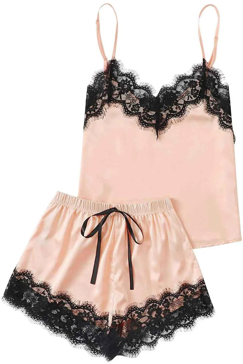 Lace Detail Spaghetti Strap Top and Shorts Lounge Set