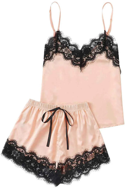 Lace Detail Spaghetti Strap Top and Shorts Lounge Set