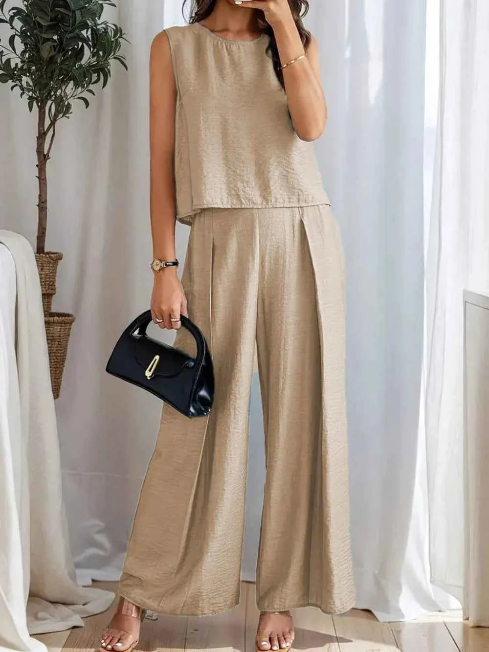Round Neck Sleeveless Top and Wide Leg Pants Set