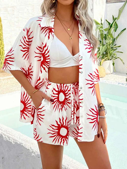 Devine Printed Collared Neck Half Sleeve Top and Shorts Set
