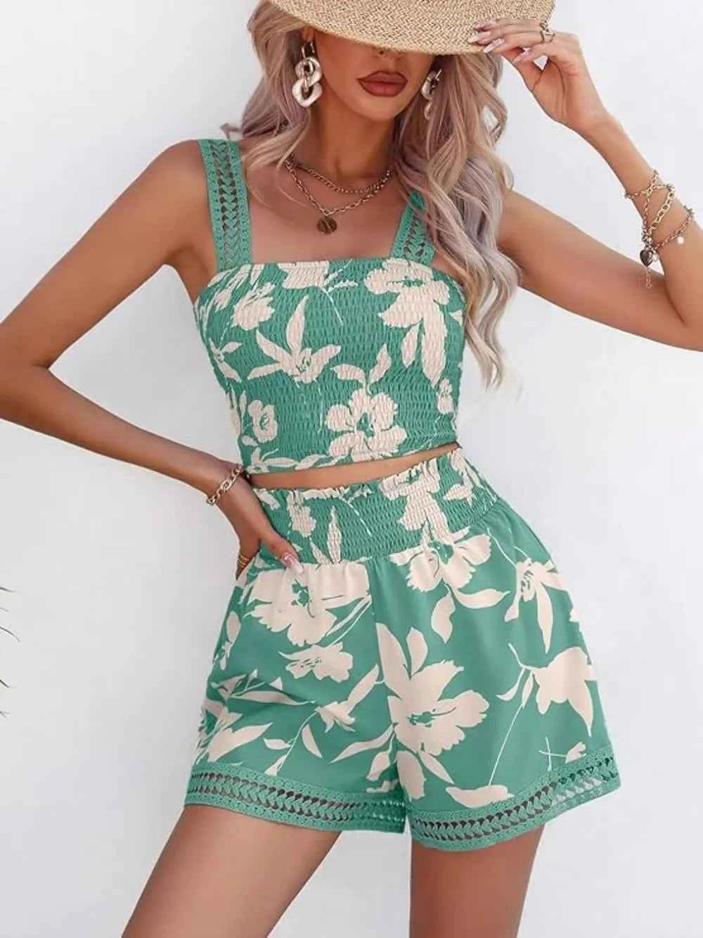 Smocked Printed Square Neck Top and Shorts Set