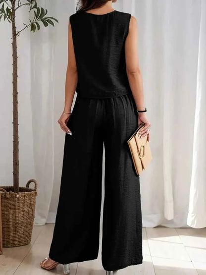 Round Neck Sleeveless Top and Wide Leg Pants Set