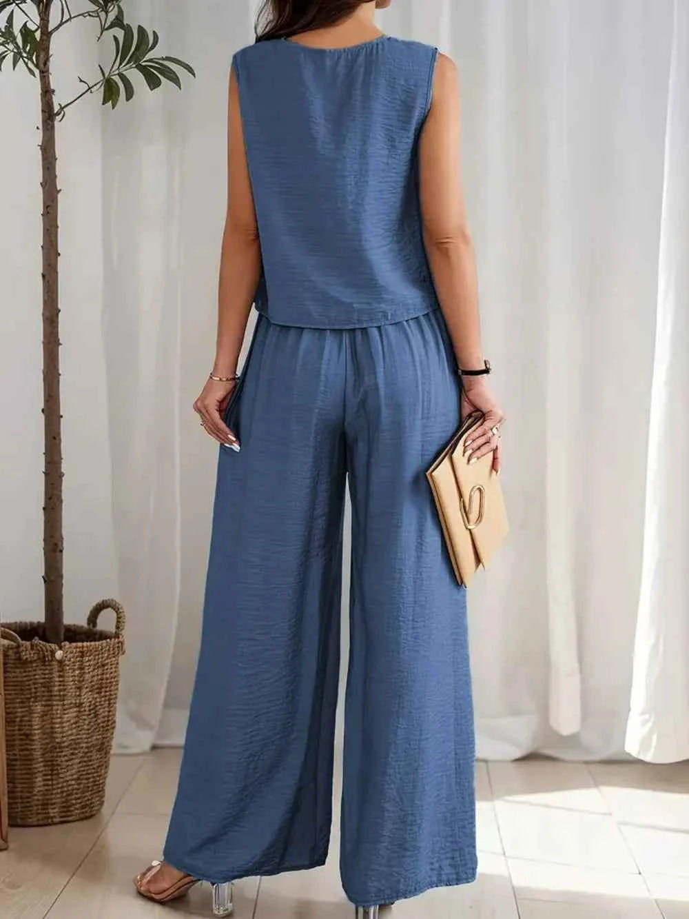 Round Neck Sleeveless Top and Wide Leg Pants Set