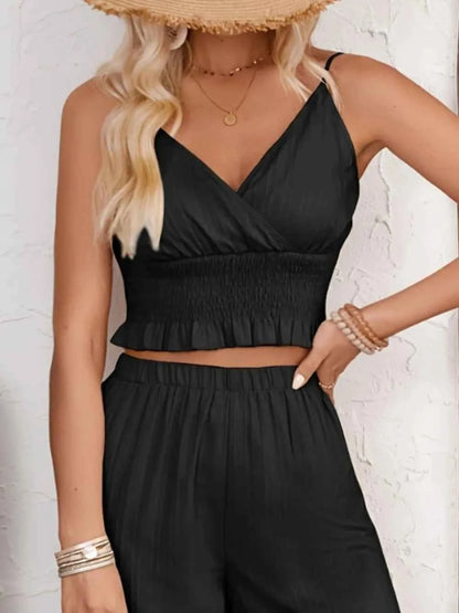 Smocked Surplice Cami and Wide Leg Pants Set