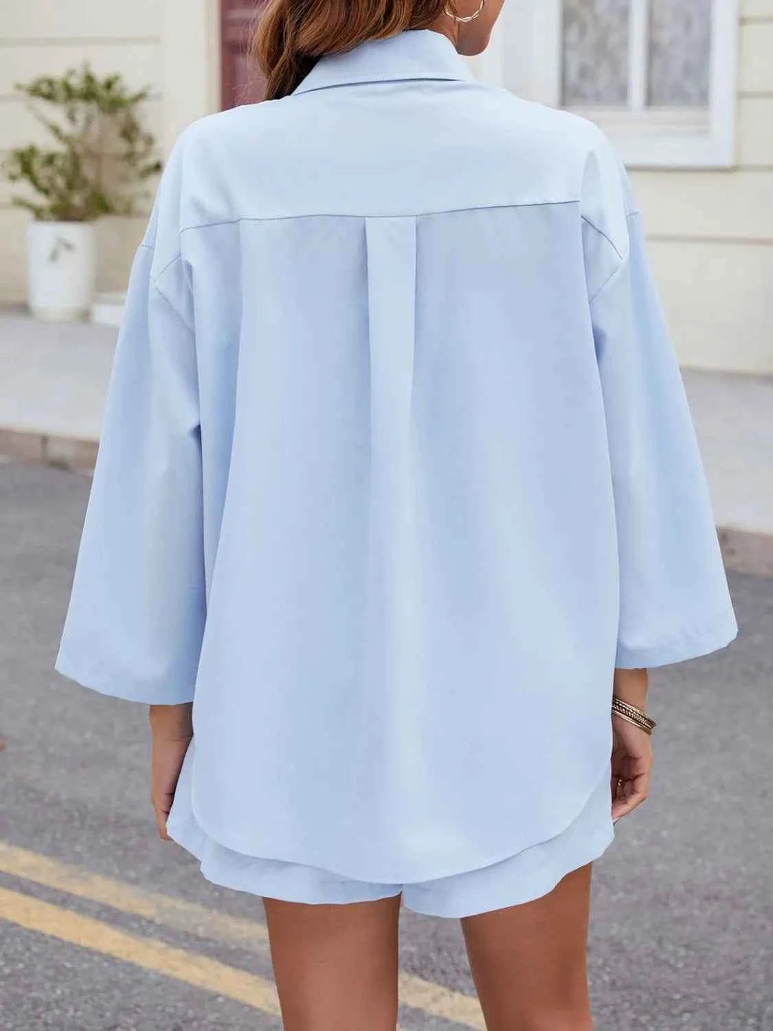 Button Up Long Sleeve Top and Shorts Set