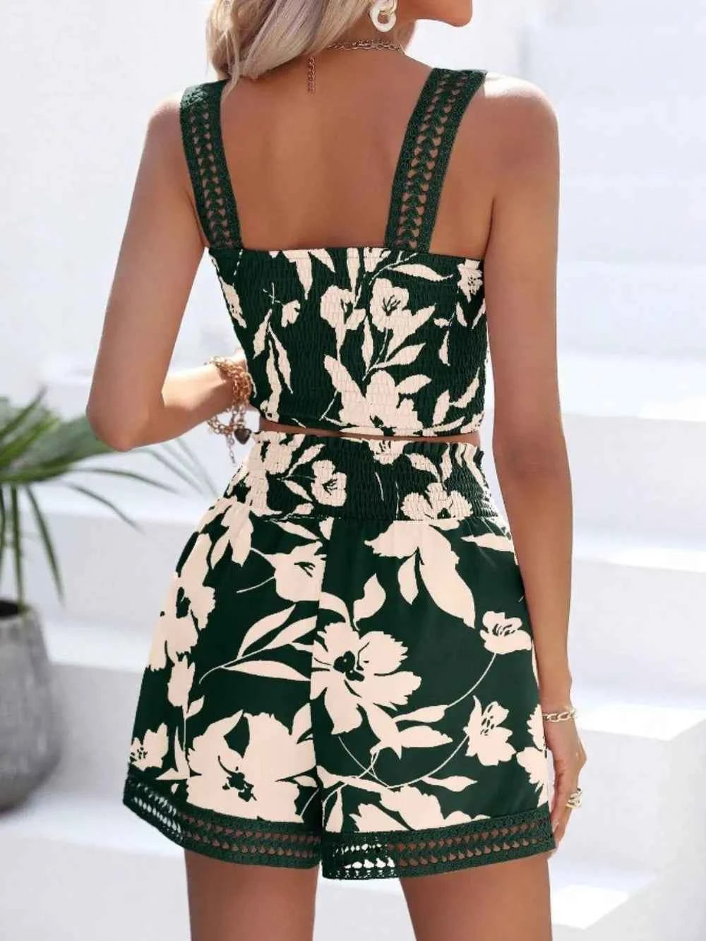 Smocked Printed Square Neck Top and Shorts Set