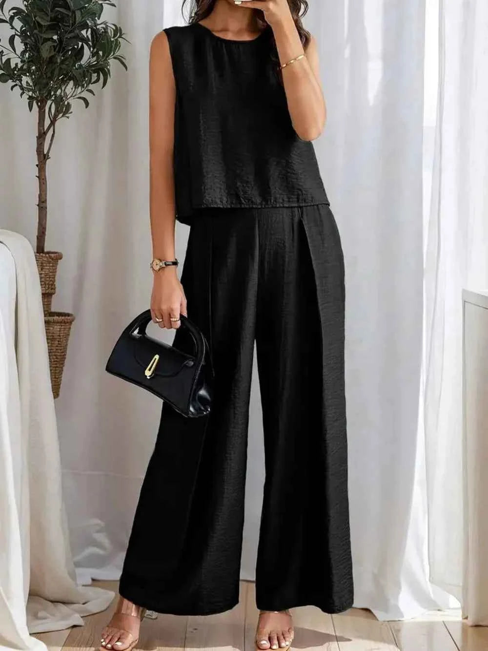 Round Neck Sleeveless Top and Wide Leg Pants Set