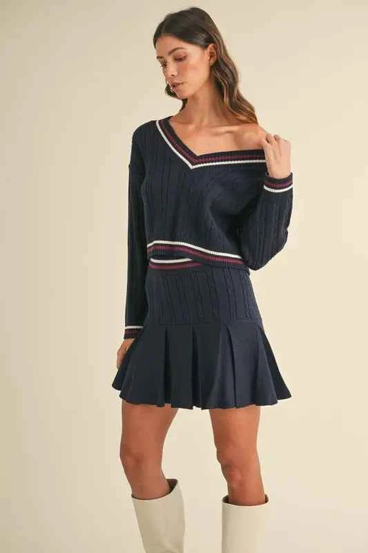 MABLE Cable-Knit Top and Pleated Skirt Sweater Set