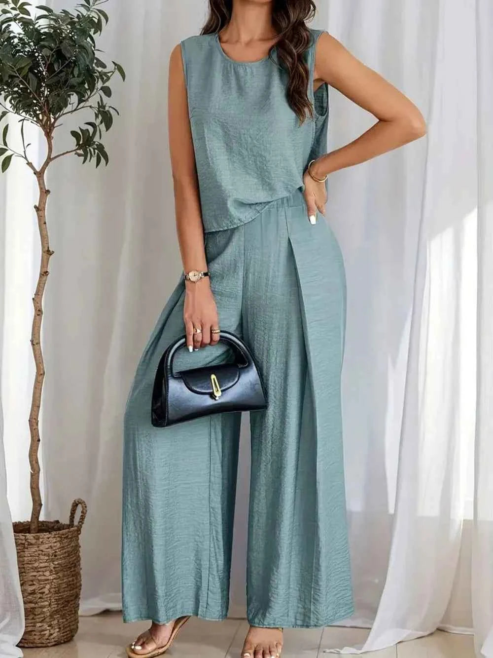 Round Neck Sleeveless Top and Wide Leg Pants Set